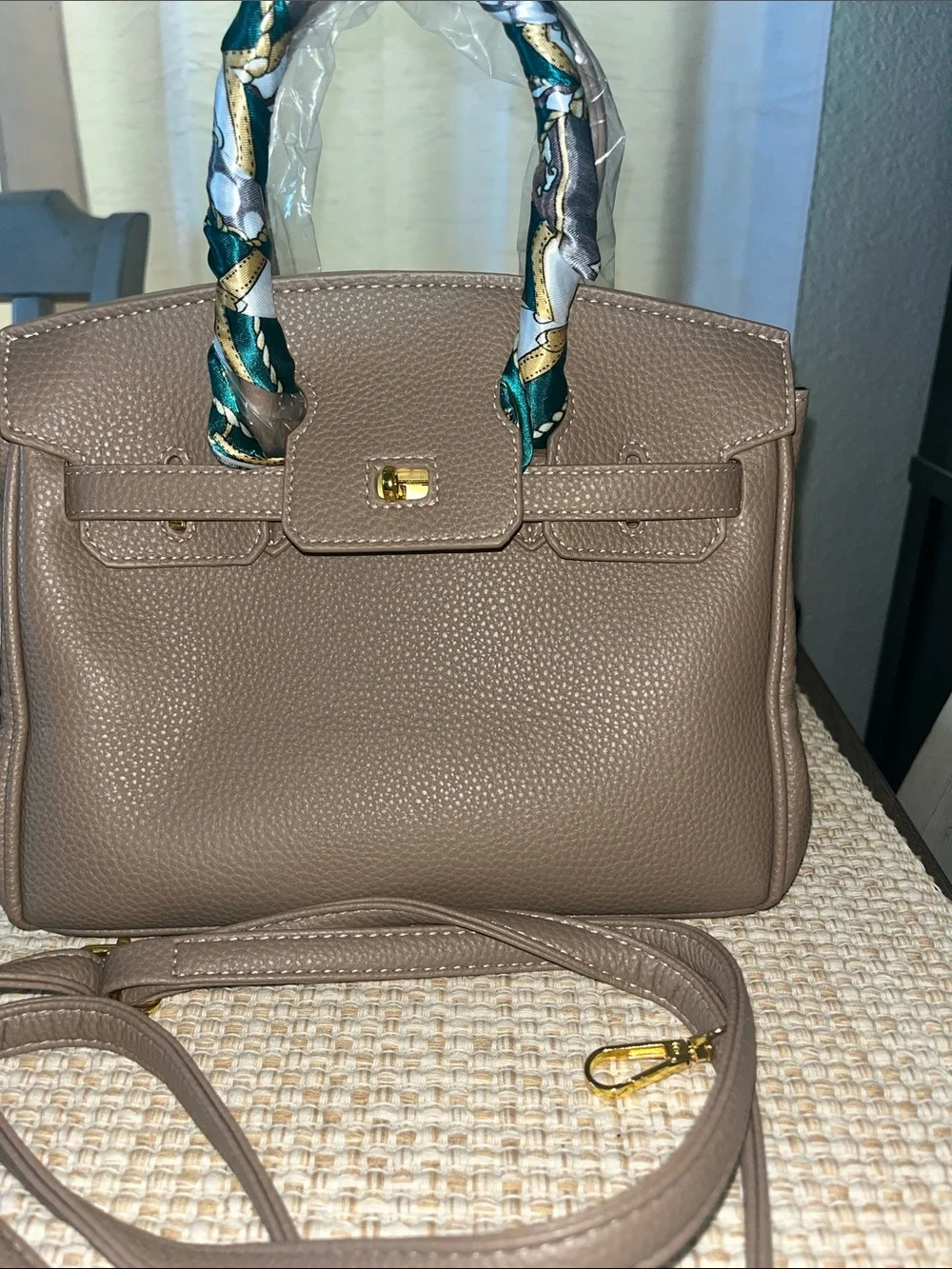 Neutral Taupe Pebbled Top-Handle Satchel with Scarf-Wrapped Handles